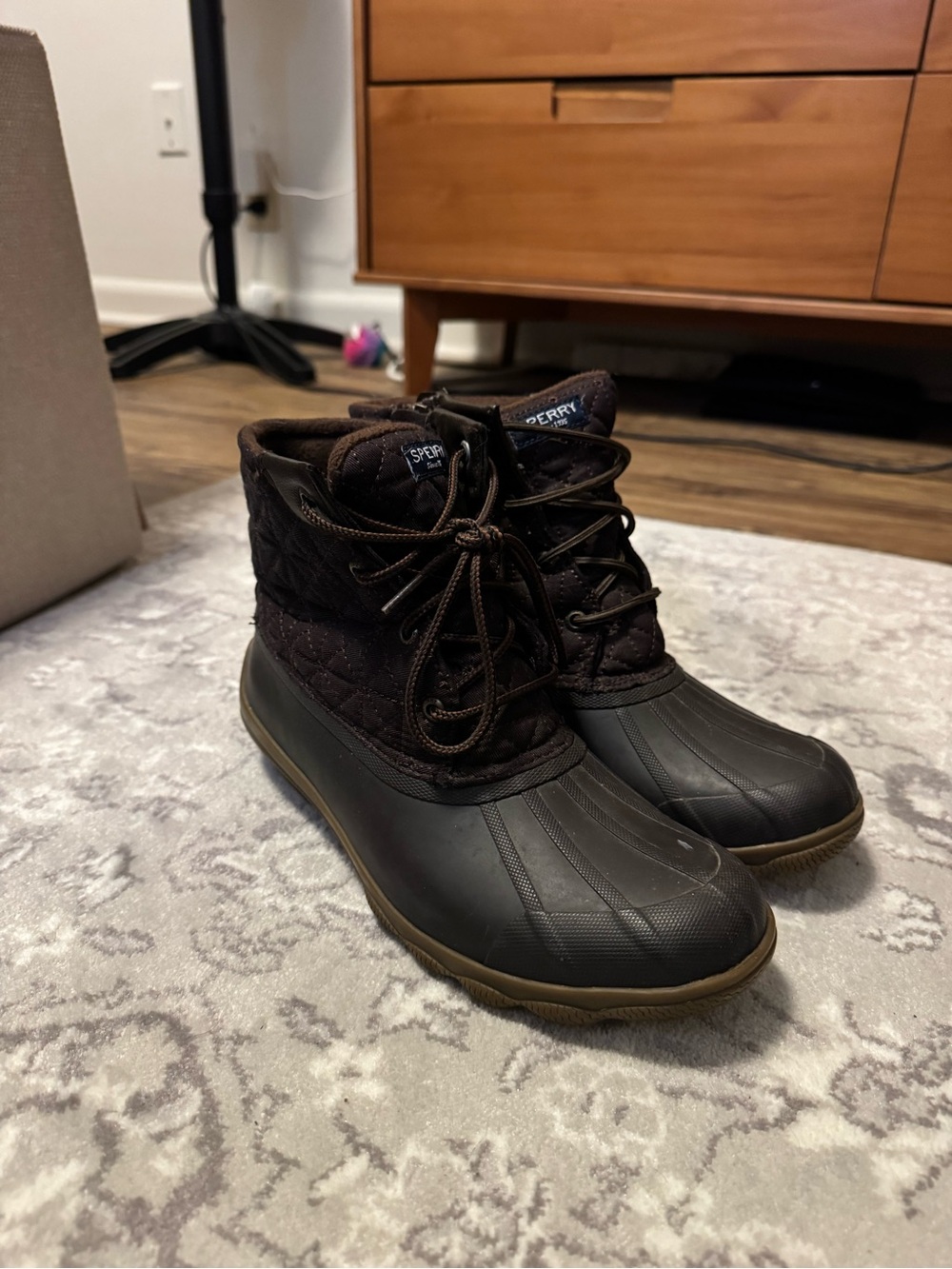 Sperry Quilted Lace-Up Winter Duck Boots in Dark Brown